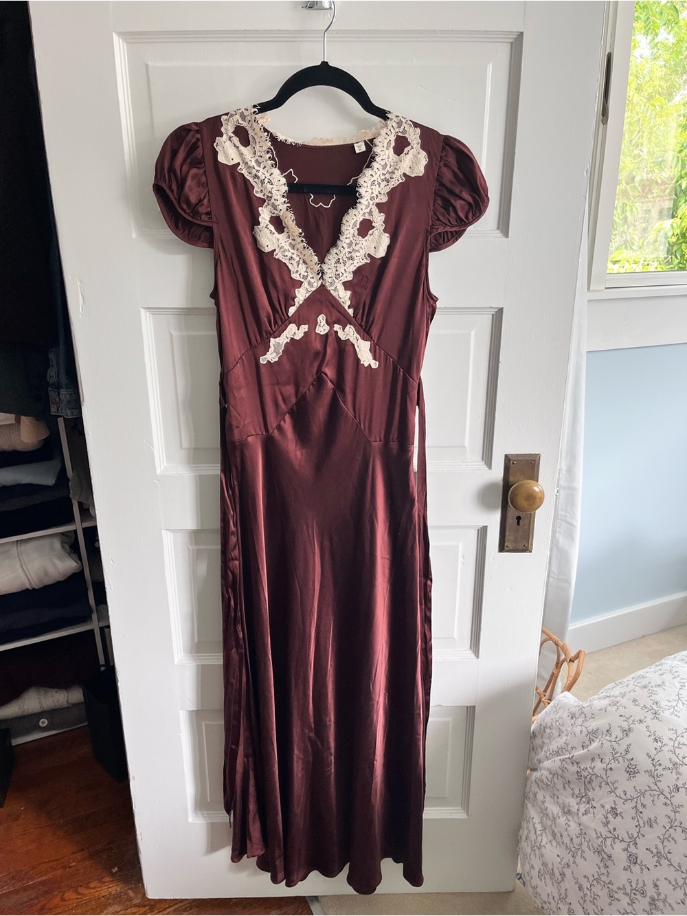 DÔEN Coraline 100% Silk Lace-Trim Maxi Dress in Huckleberry – Size Medium